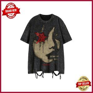 Men's Oversized Grunge Graphic Tee Acid Wash Distressed Vintage Y2K